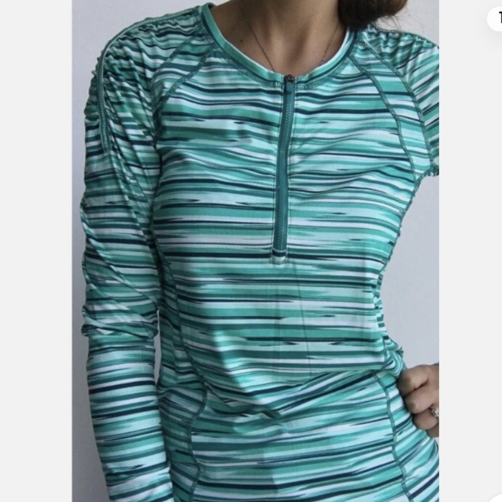Athleta Teal and White Striped Long Sleeve Pullover Quarter Zip Top XS Like New